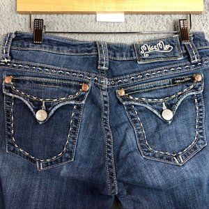 Miss Me Distressed Thick Stitch Flap Pocket Embroidered Label Boot Jeans Sz 31
